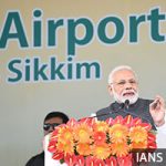 Pakyong: Prime Minister Narendra Modi addresses at the inauguration of Sikkim's first airport, at Pakyong, on Sept 24, 2018. The Pakyong Airport is Sikkim's first airport, located at a height of 4,500 ft above sea level. The airport is expected to give a